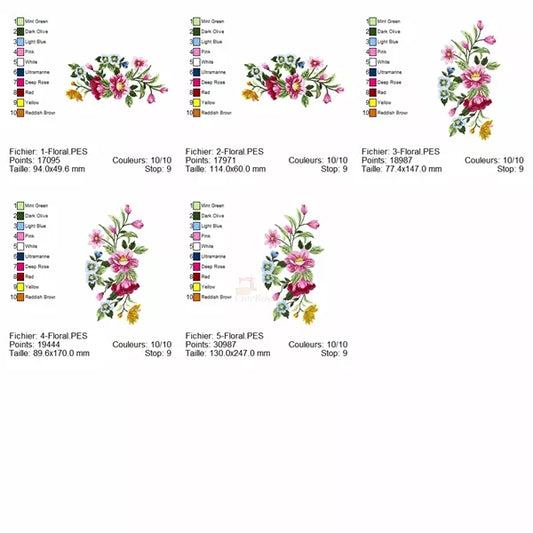 Info tailles et nombre de couleur. Design broderie machine - Composition de fleurs sauvages. Le motif présente des fleurs roses et bleues de différentes tailles, accompagnées de feuilles vertes et de bourgeons.