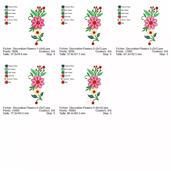 Info-tailles-et-couleurs-du-Motif-broderie-machine-Fleurs-ondulées-decoratives- jaune-et-rose, feuilles vertes et baies rouges-5-tailles-incluses-CR10027