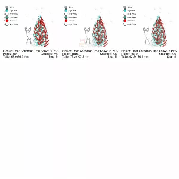 L'image représente un motif de broderie de Noël. Information tailles. 
On peut y voir un sapin de Noël décoré de rouge et de bleu, avec des ornements blancs.
Un renne stylisé, réalisé avec des points brillants, se tient à gauche de l'arbre.
De la neige tombe et s'accumule au pied du sapin et du renne.
Le design donne une impression de fête et d'hiver.
