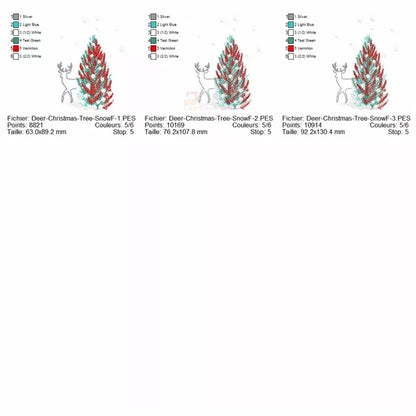L'image représente un motif de broderie de Noël. Information tailles. 
On peut y voir un sapin de Noël décoré de rouge et de bleu, avec des ornements blancs.
Un renne stylisé, réalisé avec des points brillants, se tient à gauche de l'arbre.
De la neige tombe et s'accumule au pied du sapin et du renne.
Le design donne une impression de fête et d'hiver.