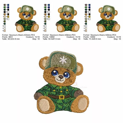 Info-tailles-Motif de broderie machine représentant un ourson habillé en vêtement d'hiver et chapeau ayant un flocon de neige.