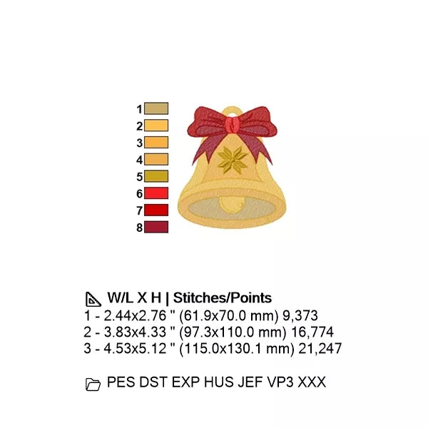 Info - Dimensions et couleurs - Cloche de Noël or avec un ruban rouge  et un étoile or - Motif de broderie machine CuteRoyal | Christmas Bell with Bow and Star Machine Embroidery Design.