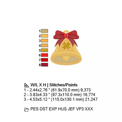 Info - Dimensions et couleurs - Cloche de Noël or avec un ruban rouge  et un étoile or - Motif de broderie machine CuteRoyal | Christmas Bell with Bow and Star Machine Embroidery Design.