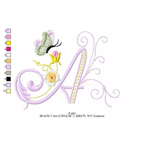 Lettre A avec mini fleurs roses délicates et papillon - Motif de broderie machine
