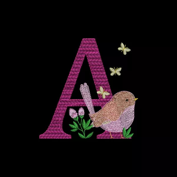 Lettre-A-alphabet-avec-oiseau-rendu-brode-motif-broderie-machine-CuteRoyal-CR10145Z10