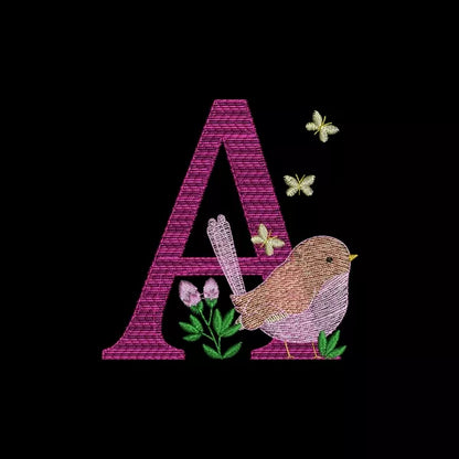 Lettre-A-alphabet-avec-oiseau-rendu-brode-motif-broderie-machine-CuteRoyal-CR10145Z10