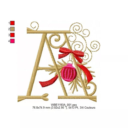 "Lettre A - Alphabet de Noël avec boucle rouge et boule de Noël - Informations tailles et couleurs - Motif de broderie machine"