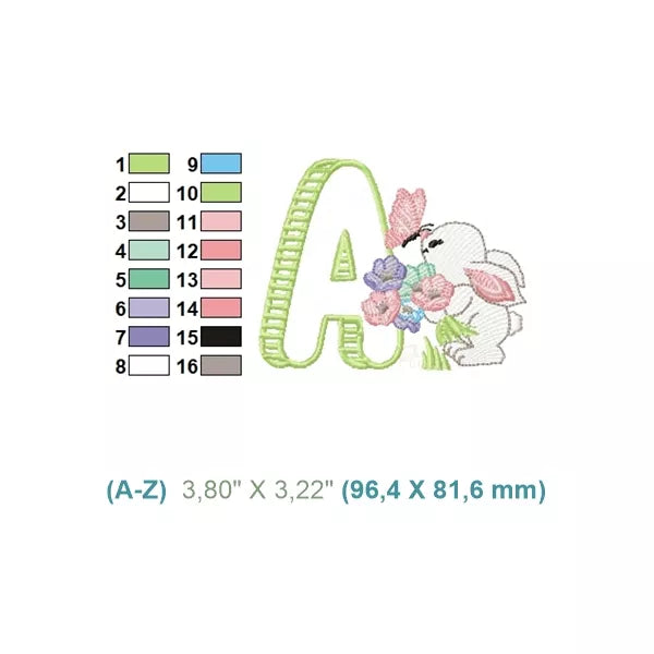 Fiche technique motif broderie lapin alphabet – 16 couleurs – Taille 96,4 x 81,6 mm – CuteRoyal.com CR10085