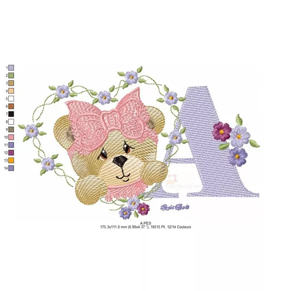 Info-taille-et-changements-couleurs-Lettre-A-ourson-fille-motif-de-broderie-machine-CR10058
