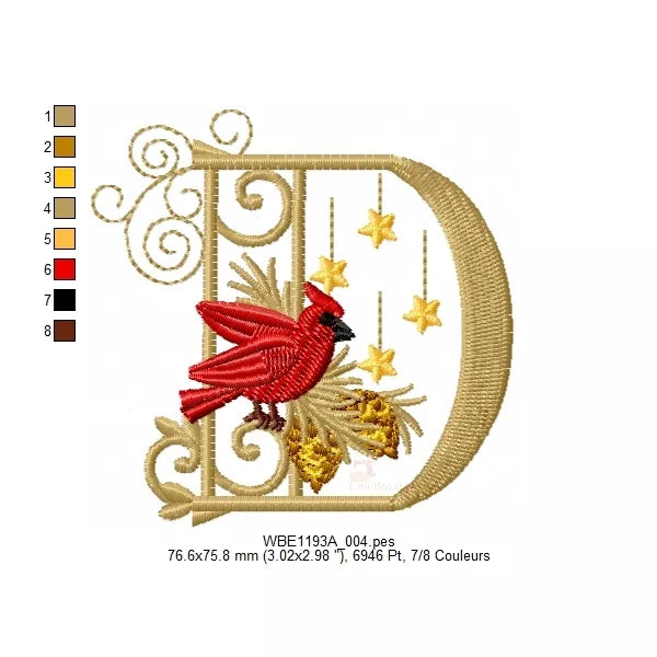 "Lettre D - Alphabet de Noël avec cardinal rouge et pomme de pin - Informations tailles et couleurs - Motif de broderie machine"