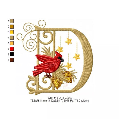 "Lettre D - Alphabet de Noël avec cardinal rouge et pomme de pin - Informations tailles et couleurs - Motif de broderie machine"