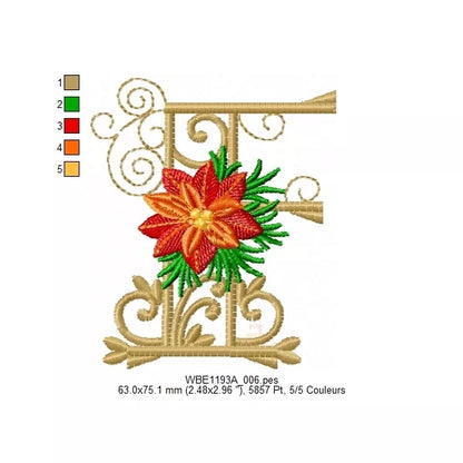 "Lettre F - Alphabet de Noël avec poinsettia - Informations tailles et couleurs - Motif de broderie machine"