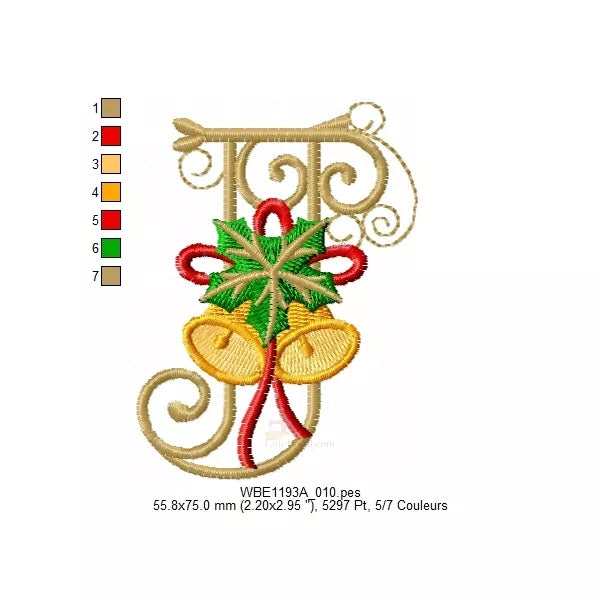"Lettre J - Alphabet de Noël avec cloches et fleurs de Noël - Informations tailles et couleurs - Motif de broderie machine"