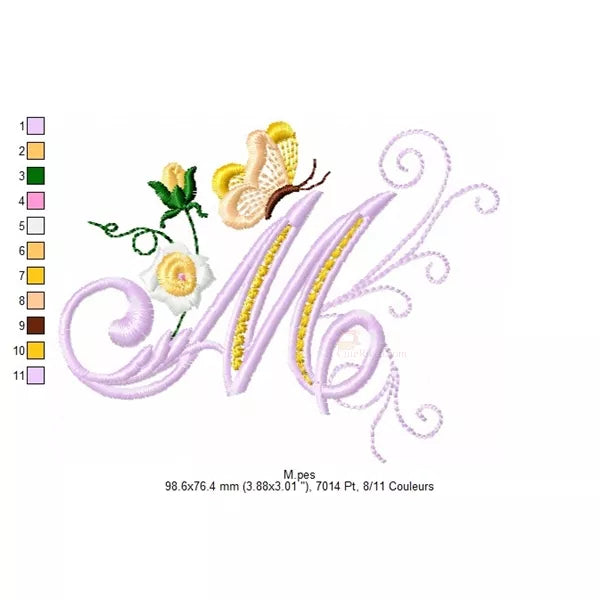 Lettre M avec mini fleurs roses délicates et papillon - Motif de broderie machine
