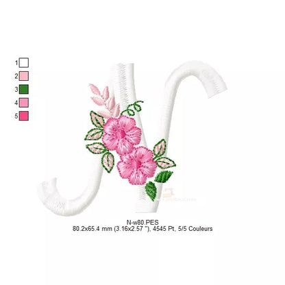 Lettre-N-blanc-avec-fleurs-rose-motifs-de-broderie-machine