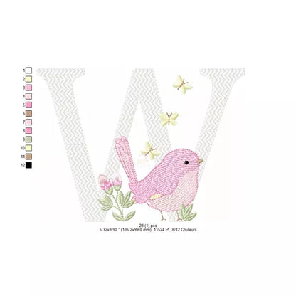 Lettre-W-taille-1-alphabet-oiseau-motif-broderie-machine-CuteRoyal
