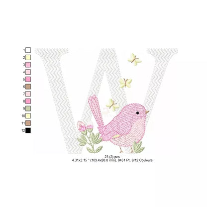 Lettre-W-taille-2-alphabet-oiseau-motif-broderie-machine-CuteRoyal