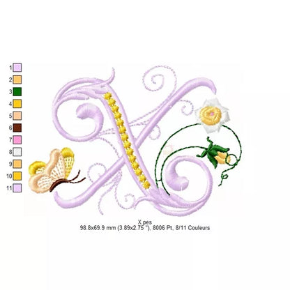  Lettre X avec mini fleurs roses délicates et papillon - Motif de broderie machine