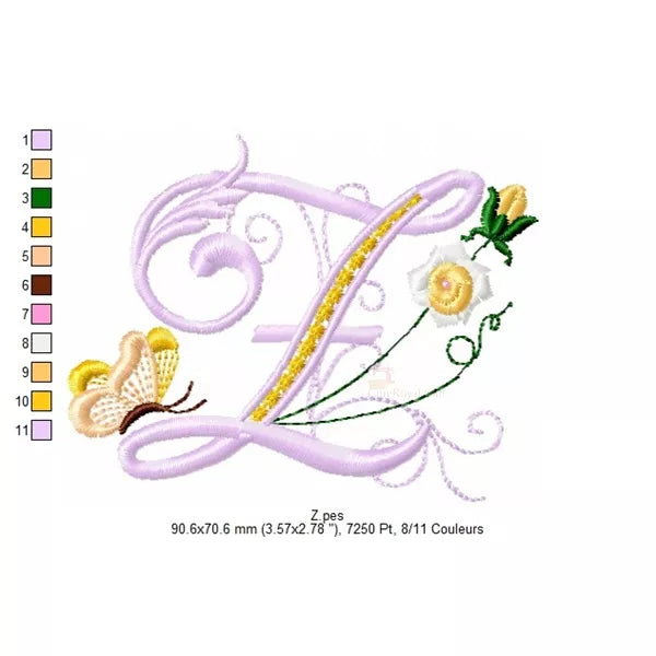 Lettre Z avec mini fleurs roses délicates et papillon - Motif de broderie machine