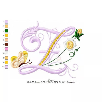 Lettre Z avec mini fleurs roses délicates et papillon - Motif de broderie machine