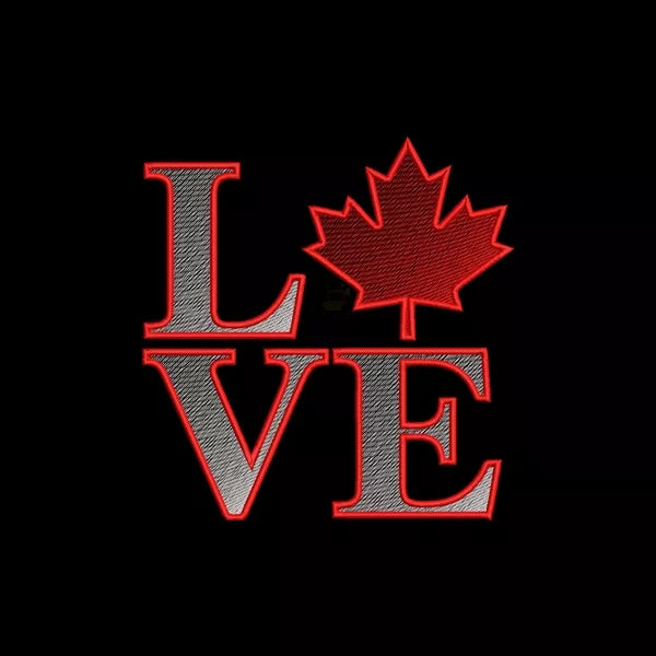 Machine embroidery design – word LOVE with Canadian maple leaf replacing the letter O.