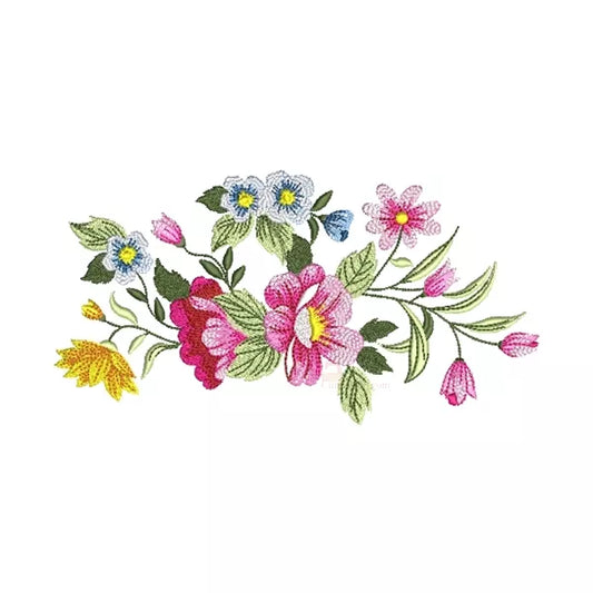 Design broderie machine - Composition de fleurs sauvages. Le motif présente des fleurs roses et bleues de différentes tailles, accompagnées de feuilles vertes et de bourgeons.