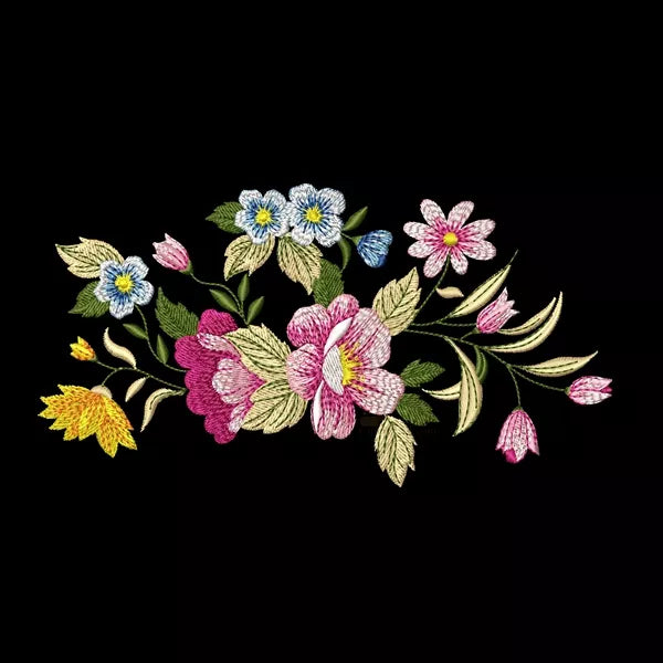 Design broderie machine - Composition de fleurs sauvages. Le motif présente des fleurs roses et bleues de différentes tailles, accompagnées de feuilles vertes et de bourgeons.