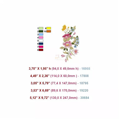 Info tailles et nombre de couleur. Design broderie machine - Composition de fleurs sauvages. Le motif présente des fleurs roses et bleues de différentes tailles, accompagnées de feuilles vertes et de bourgeons.