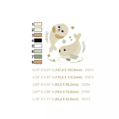 Motif-broderie-machine-ocean-phoques-et-bulle. 8 couleurs et 5 tailles.