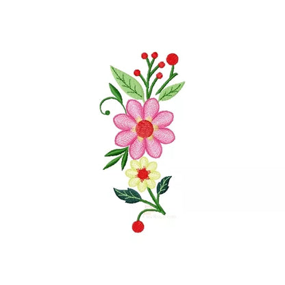 Motif-broderie-machine-Fleurs-ondulées-decoratives- jaune-et-rose, feuilles vertes et baies rouges-5-tailles-incluses-CR10027