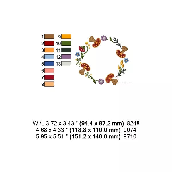 Fiche technique motif couronne champignons – 3 tailles, couleurs et points CR10125
