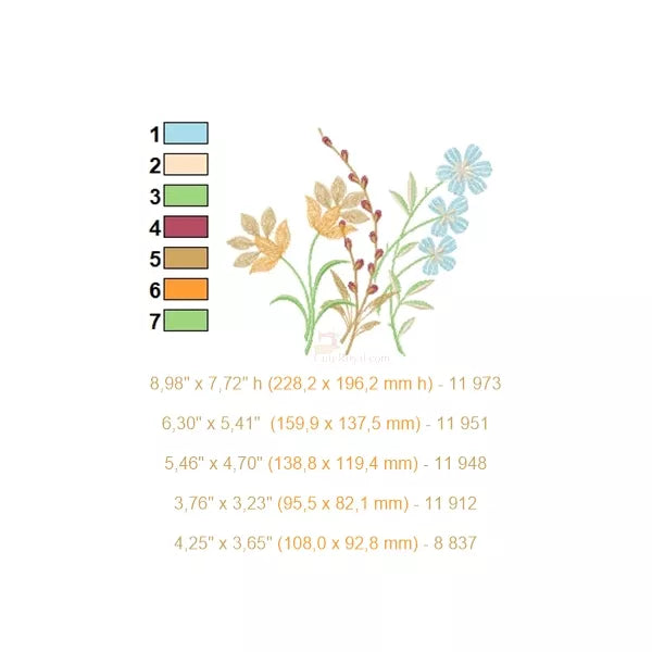 Motif-de-broderie-machine-Splendide-Fleurs-des-champs-orange-beige-bleu-vert-5-tailles-incluses-Flrs03OP5