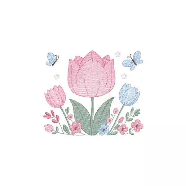 Motif de broderie machine – Tulipes et papillons kawaii, rendu brodé sur tissu.
