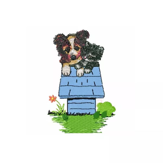 Chien-chat-sur-niche-bleu-fleur-et-arbuste-motif-de-broderie-machine