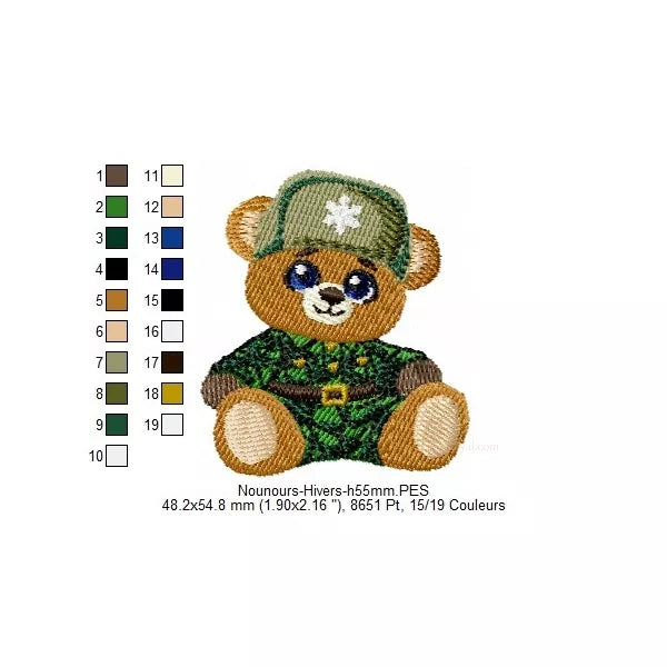 Taille 1 et changements de couleurs. Motif de broderie machine représentant un ourson habillé en vêtement d'hiver et chapeau ayant un flocon de neige. 