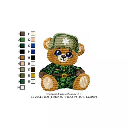 Taille 1 et changements de couleurs. Motif de broderie machine représentant un ourson habillé en vêtement d'hiver et chapeau ayant un flocon de neige. 