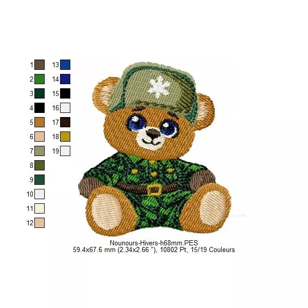 Taille 2 et changements de couleurs. Motif de broderie machine représentant un ourson habillé en vêtement d'hiver et chapeau ayant un flocon de neige.