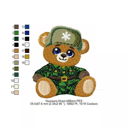 Taille 2 et changements de couleurs. Motif de broderie machine représentant un ourson habillé en vêtement d'hiver et chapeau ayant un flocon de neige.