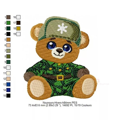 Taille 3 et changements de couleurs. Motif de broderie machine représentant un ourson habillé en vêtement d'hiver et chapeau ayant un flocon de neige.