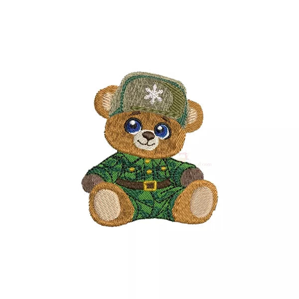Motif de broderie machine représentant un ourson habillé en vêtement d'hiver et chapeau ayant un flocon de neige.