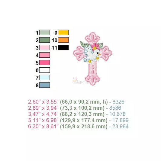 Motif de broderie machine représentant une croix ornementale rose avec une colombe blanche et des fleurs délicates - 11 couleurs et 5 tailles incluses.
