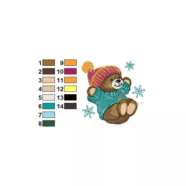 Info-changements-de-couleurs-Motif de broderie machine représentant un ourson brun vêtu d’un chandail turquoise et d’un bonnet hivernal coloré. Le design inclut des flocons de neige bleus, évoquant une ambiance hivernale douce et festive.