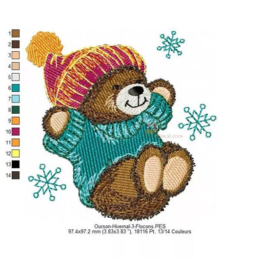 Info-taille-et-changements-de-couleurs-Motif de broderie machine représentant un ourson brun vêtu d’un chandail turquoise et d’un bonnet hivernal coloré. Le design inclut des flocons de neige bleus, évoquant une ambiance hivernale douce et festive.