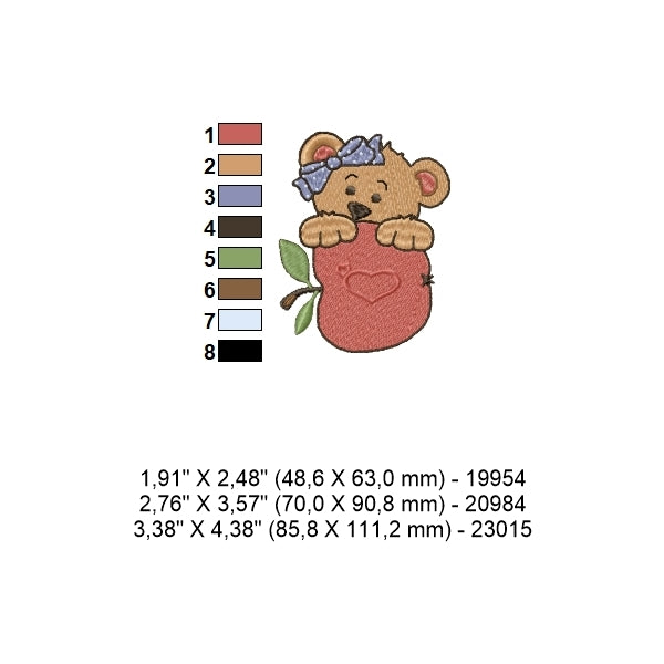 Fiche technique motif broderie ourson pomme boucle – dimensions, couleurs et nombre de points.
