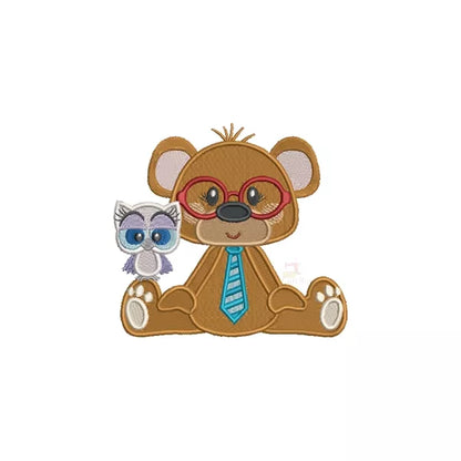 Ourson Intello avec Lunettes rouge et Cravate bleu et un Hibou - Motif de Broderie Machine