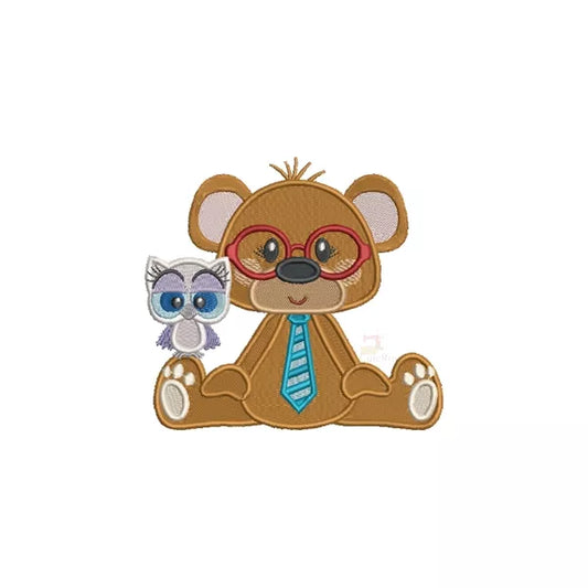 Ourson Intello avec Lunettes rouge et Cravate bleu et un Hibou - Motif de Broderie Machine
