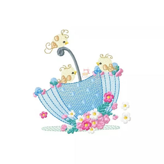 Parapluie-bleu-avec-des-fleurs-roses-blanches-et-trois-bébés-oiseaux-sur-le-parapluie-Motif-de-Broderie-Machine