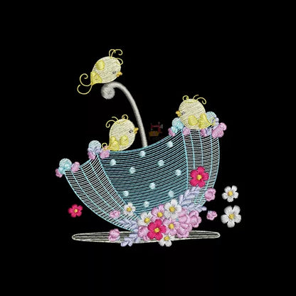 Parapluie-bleu-avec-des-fleurs-roses-blanches-et-trois-bébés-oiseaux-sur-le-parapluie-Motif-de-Broderie-Machine