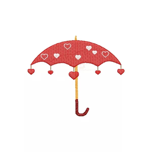 Motif de broderie machine – parapluie rouge avec cœurs suspendus, rendu brodé sur fond blanc.