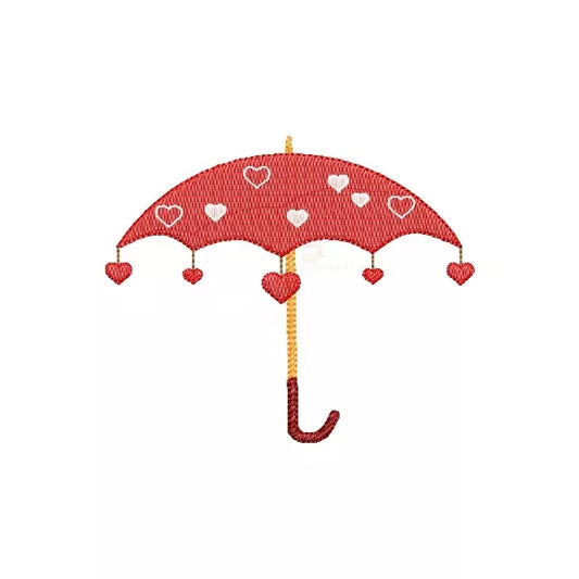 Motif de broderie machine – parapluie rouge avec cœurs suspendus, rendu brodé sur fond blanc.